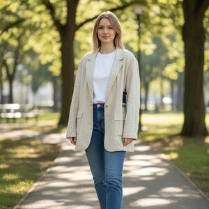 DKNY JEANS Womens Oversized Cotton Twill Blazer Jacket in Desert Beige